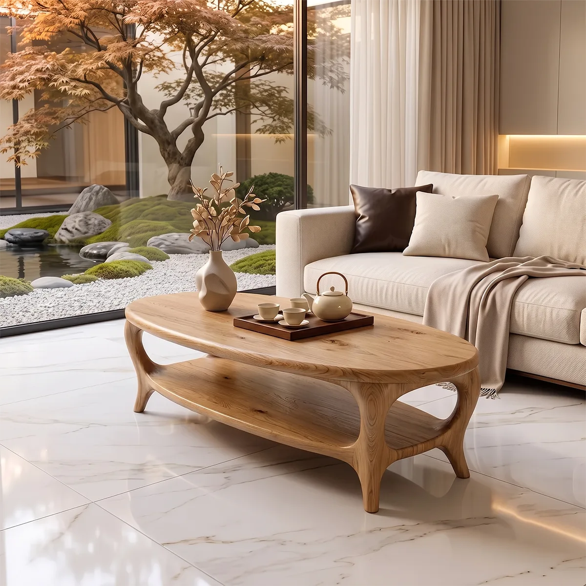 Modern Oval Coffee Table with Shelf | Sculptural Organic Center Table TH003-8066
