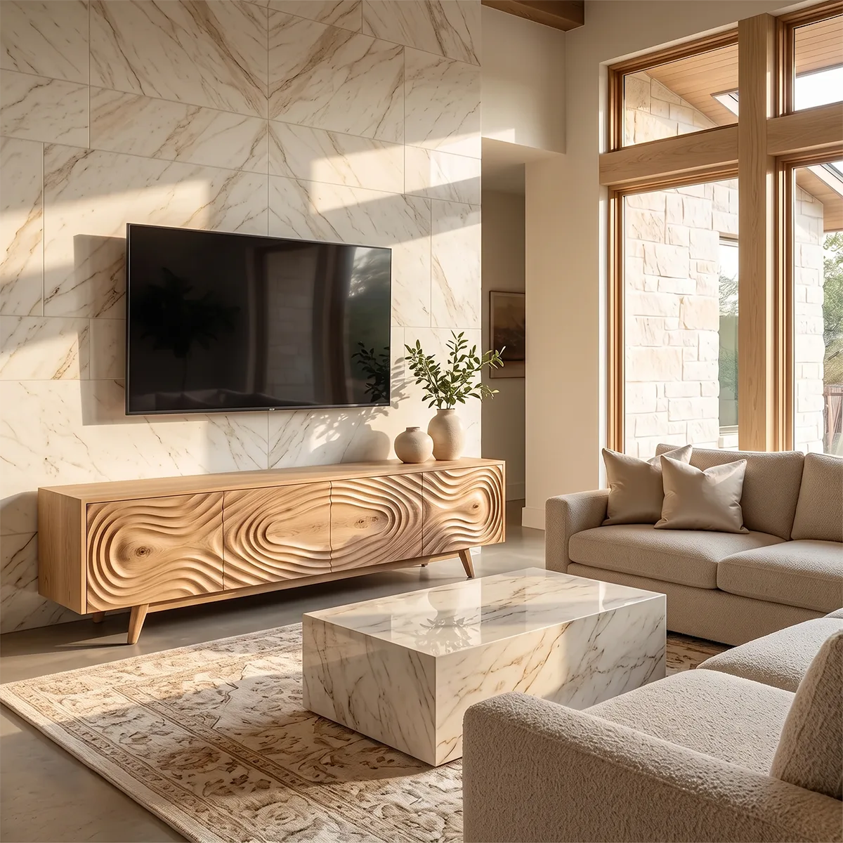 Topographic Relief TV Stand with Dual Cabinets & Center Drawers | Modern Media Console TH003-1QEW8AF