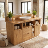 Freestanding Live Edge Bathroom Vanity with Drawers, Cabinets & Open Storage | Modern Wood Vanity