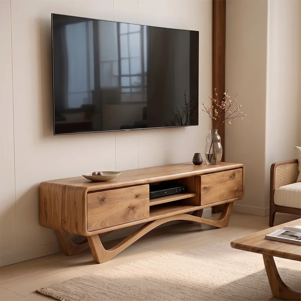 Modern TV Stand with 2 Cabinets & Open Shelves | Sculptural Media Console