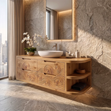 Floating Bathroom Vanity with Carved Wave Drawers & Curved Open Shelves | Modern Wall Mounted Vanity