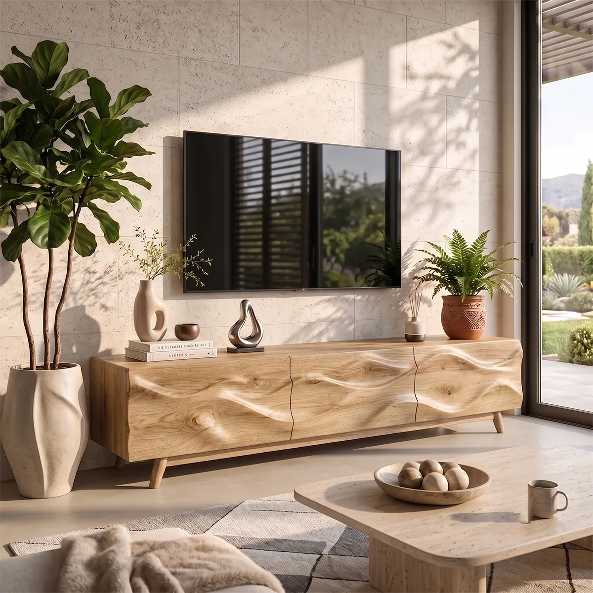 Wave Carved TV Stand with Cabinets & Drawer | Sculptural Media Console TH003-6OAB8FA