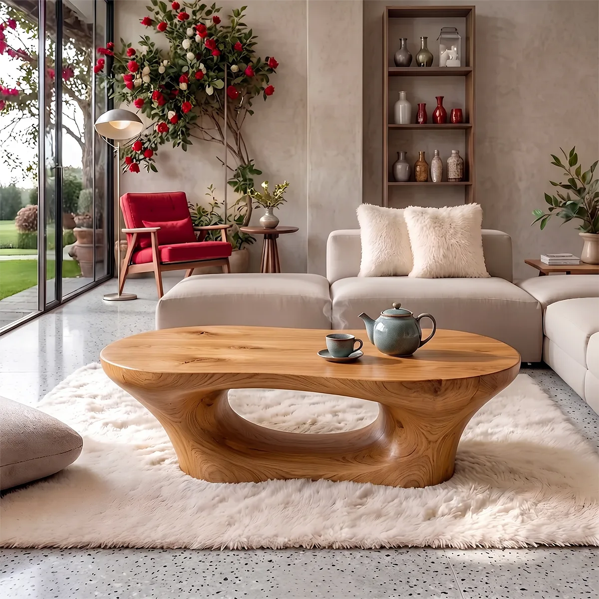 Sculptural Organic Coffee Table | Curved Open Base Modern Living Room Center Table