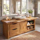 Live Edge Bathroom Vanity with Drawers, Cabinet & Open Shelves | Freestanding Rustic Modern Vanity