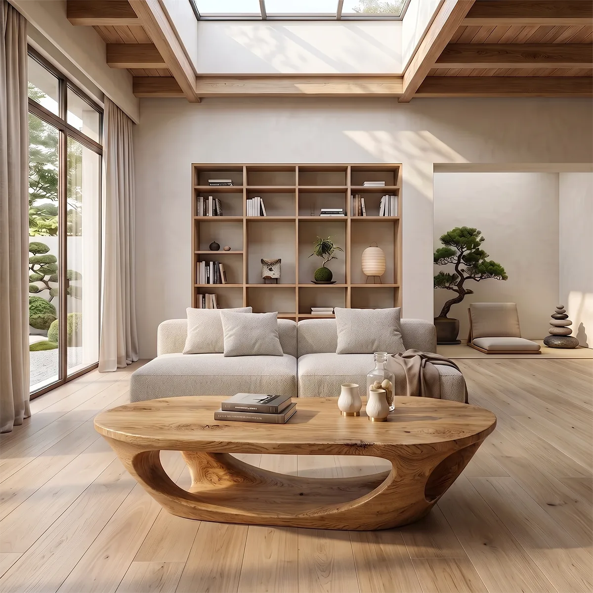Sculptural Organic Coffee Table with Open Shelf | Modern Curved Living Room Center Table