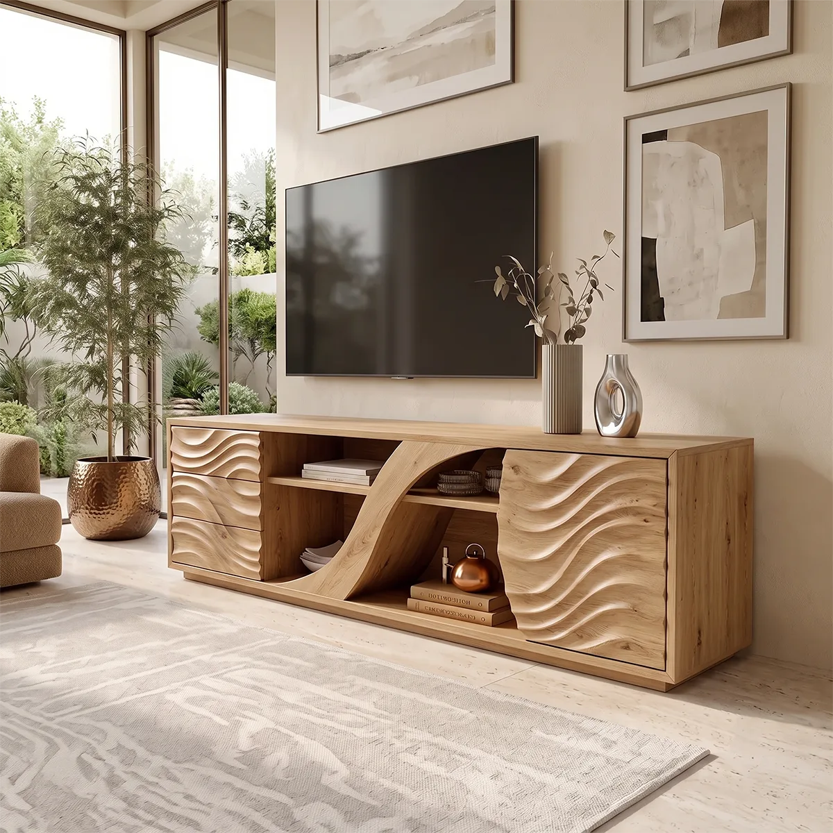 Wave Carved TV Stand with Drawers & Cabinet | Sculptural Media Console TH003-4MXF2YH