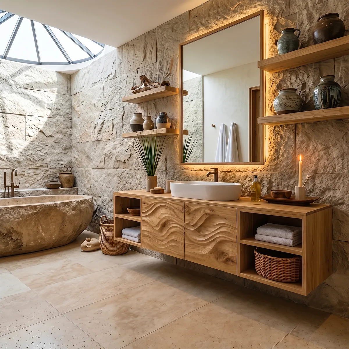 Floating Bathroom Vanity with Wave Carved Doors & Open Shelves | Modern Wall Mounted Vanity