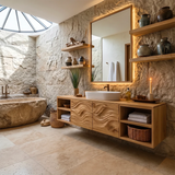 Floating Bathroom Vanity with Wave Carved Doors & Open Shelves | Modern Wall Mounted Vanity