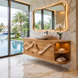 Sculptural Floating Bathroom Vanity with Artistic Wave Front & Open Side Shelves
