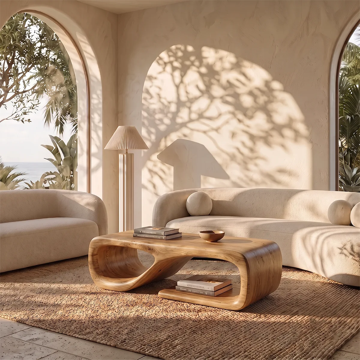 Sculptural Rectangular Coffee Table with Open Shelf | Organic Modern Rounded Center Table