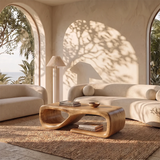 Sculptural Rectangular Coffee Table with Open Shelf | Organic Modern Rounded Center Table