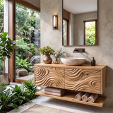 Floating Bathroom Vanity with Sculpted Wave Doors & Open Shelf | Modern Solid Wood Vanity TH003-9MII5QN