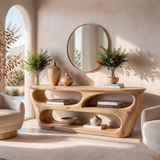 Modern Wooden Console Table with Open Shelves & Sculptural Organic Design TT006-5635