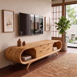 Modern Curved TV Stand with 4 Drawers & 2 Open Shelves | Sculptural Media Console