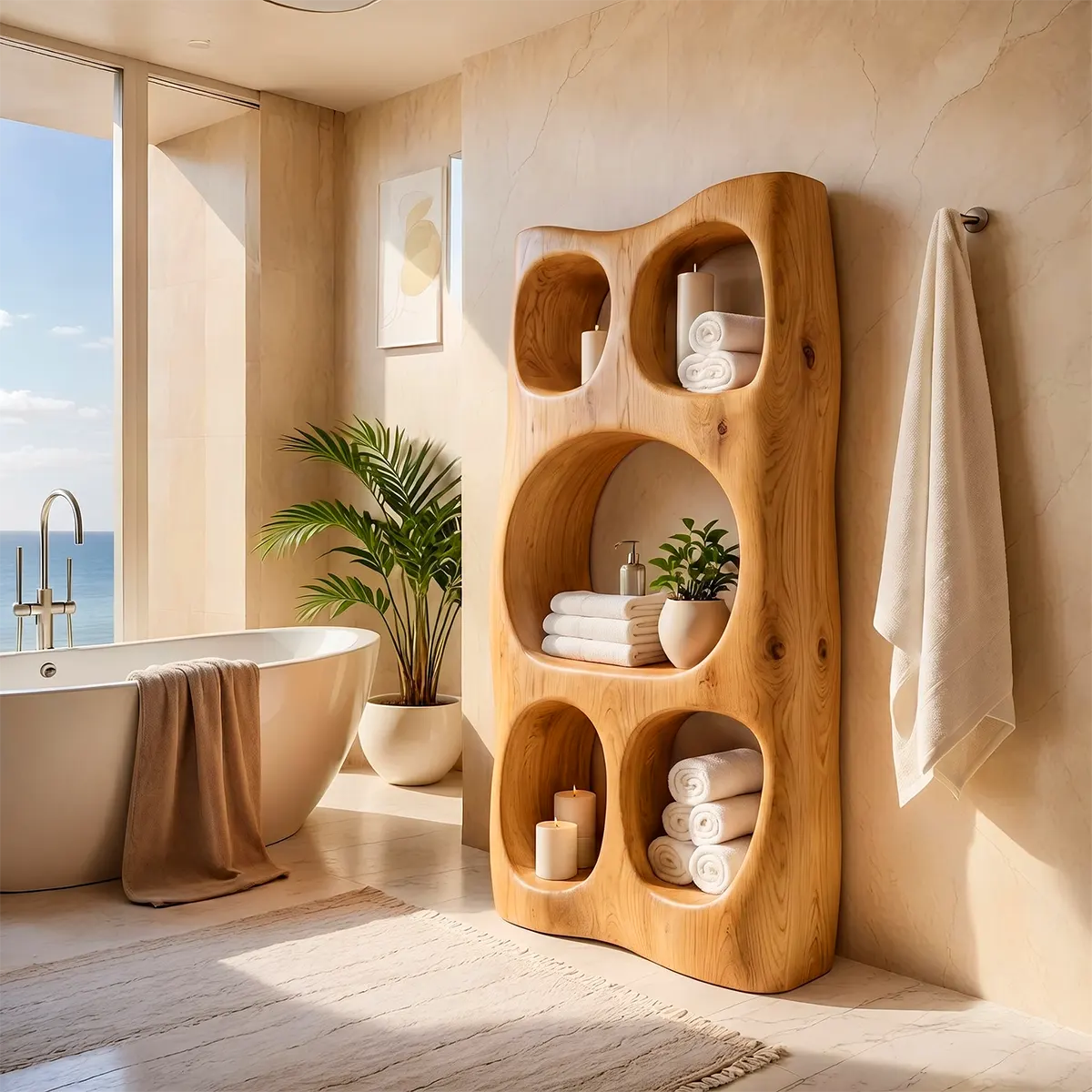 Tall Bathroom Storage Cabinet with Open Shelves | Sculptural Organic Modern Storage Tower