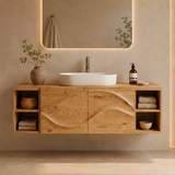 Floating Bathroom Vanity with 2 Carved Wave Doors & 4 Open Storage Compartments