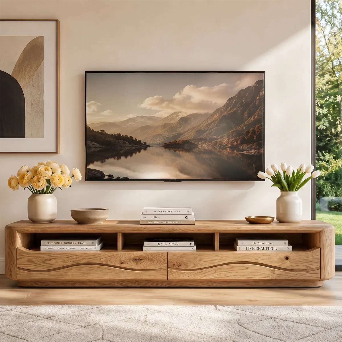 Organic Modern TV Stand with Open Shelves & 2 Drawers | Modern Media Console TT006-6HLG3MY