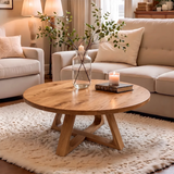 Round Wood Coffee Table with Sculptural Geometric Base | Modern Organic Center Table