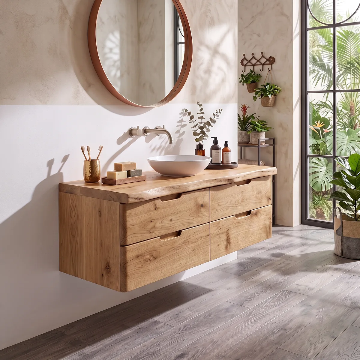 Floating Solid Wood Bathroom Vanity | Modern Wall Mounted Single Sink Vanity with 4 Drawers TT006-3LLJ4UM