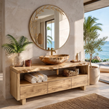 Freestanding Solid Wood Bathroom Vanity | Live Edge Bathroom Vanity with Open Shelf & Three Drawers TT006-7CUG6CN
