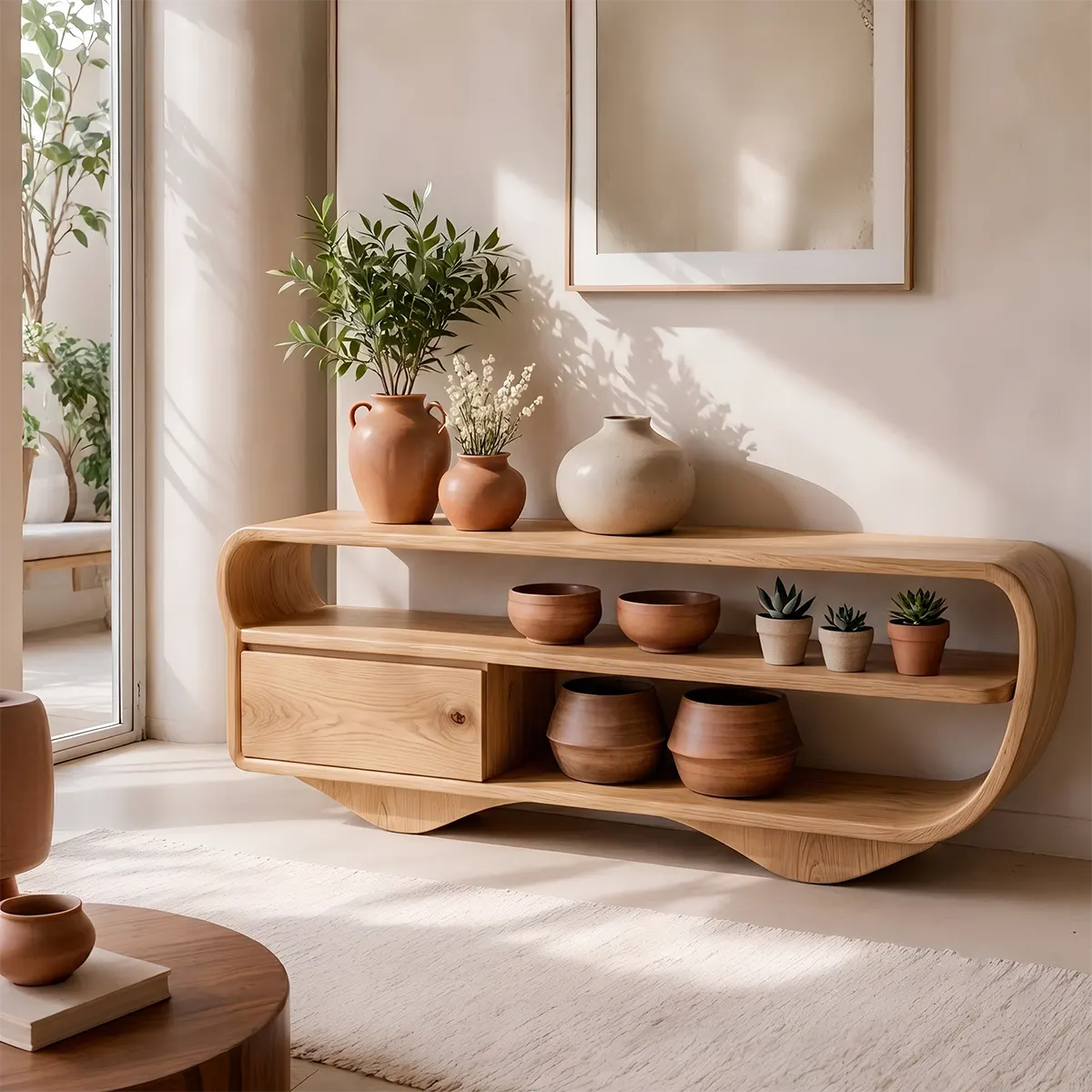 Modern Organic Console Table with Storage Drawer & Open Shelves for Entryway TT006-6372