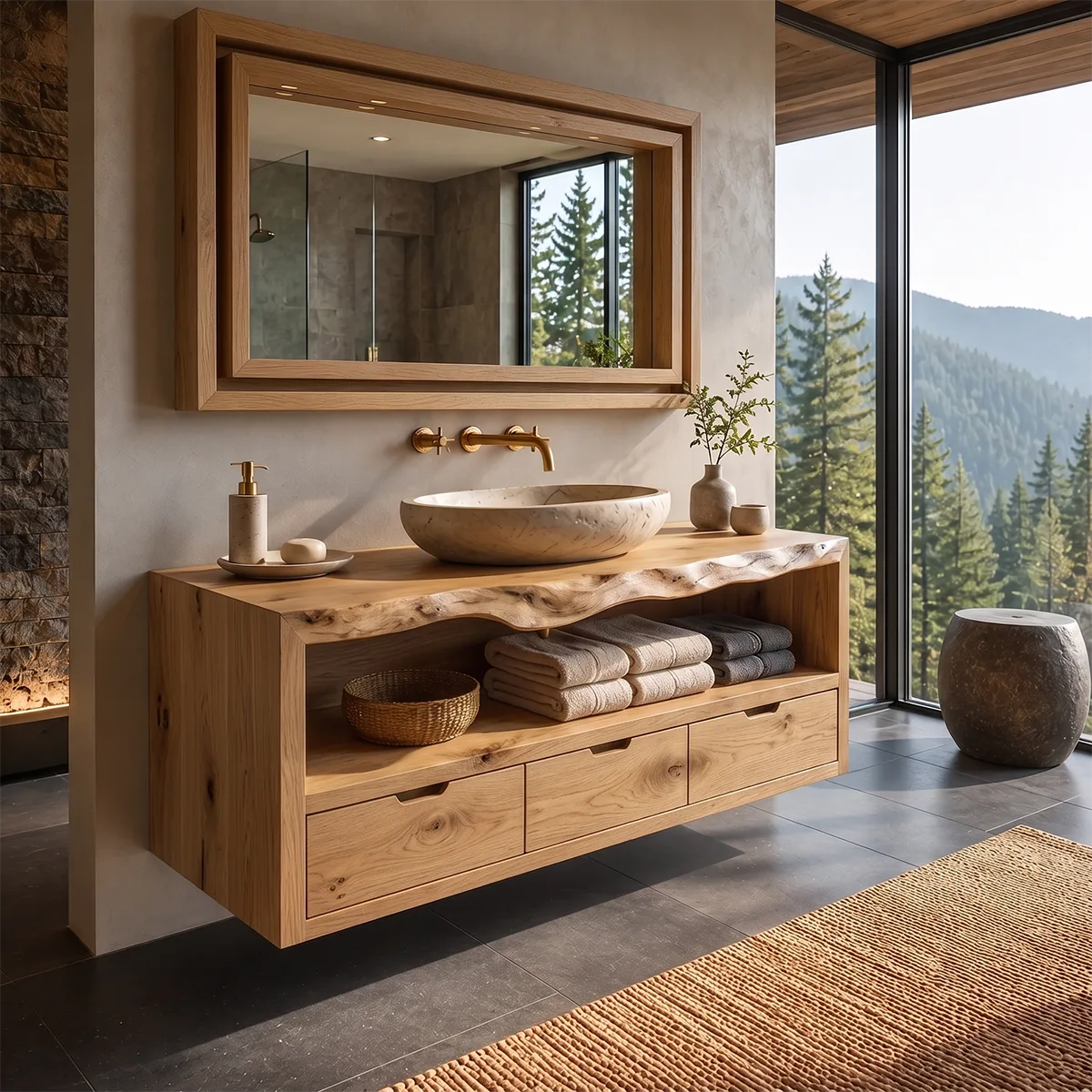 Floating Solid Wood Bathroom Vanity | Live Edge Bathroom Vanity with Three Soft-Close Drawers and Open Shelf TT006-3KMK1JL