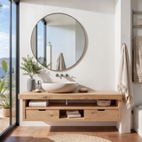 Floating Solid Wood Bathroom Vanity | Modern Bathroom Vanity with Double Drawers and Open Shelf TT006-4876