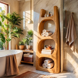 Tall Bathroom Storage Cabinet with Open Compartments & Top Shelf | Sculptural Organic Design