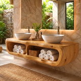 Floating Double Bathroom Vanity with Open Storage Compartments | Sculptural Organic Modern Design