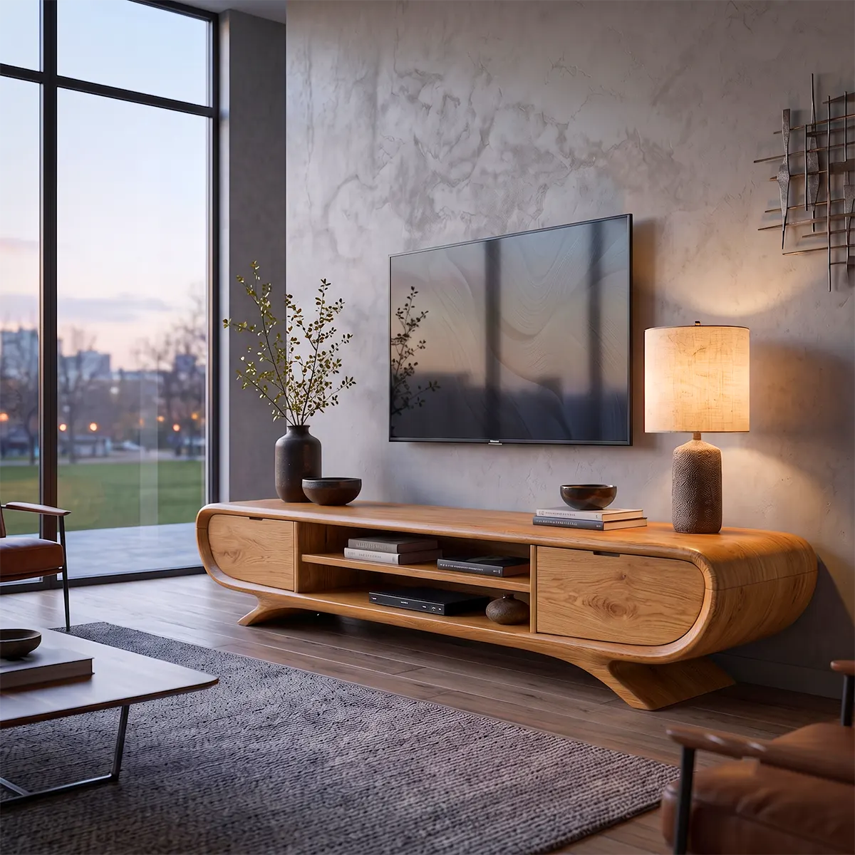 Sculptural Curved TV Stand with Open Media Shelves & Concealed Storage | Modern Entertainment Console
