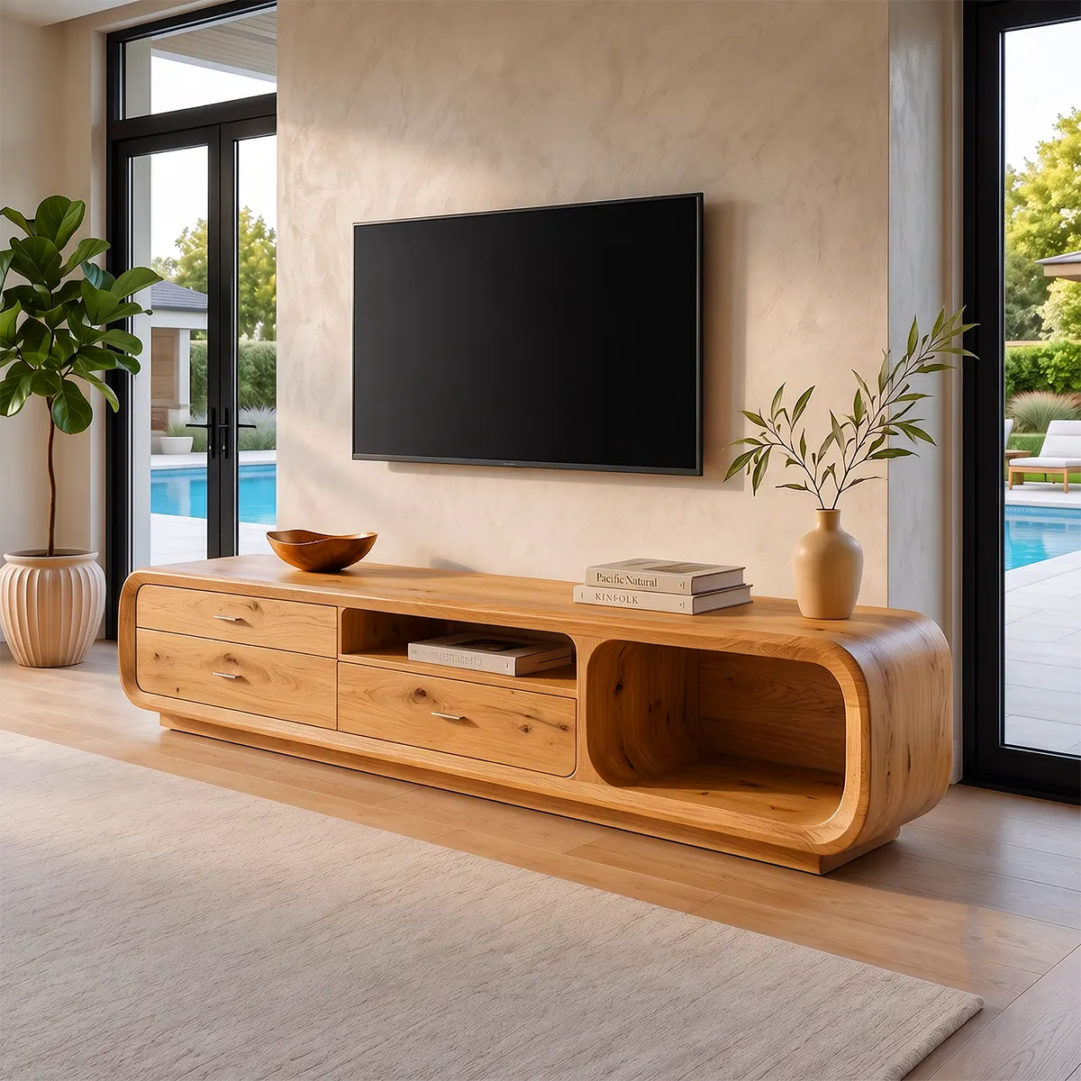 Modern Curved TV Stand with 3 Drawers & Open Media Storage | Sculptural Low Profile Entertainment Console