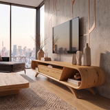 Modern Curved TV Stand with 3 Drawers & 3 Open Storage Areas | Sculptural Media Console