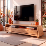 Modern Curved TV Stand with 3 Drawers & Long Open Media Shelf