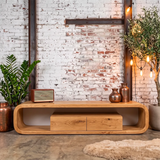 Modern Curved TV Stand with 2 Drawers & Open Storage | Low Profile Media Console