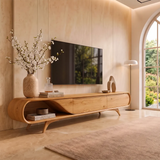Sculptural Curved TV Stand with 2 Concealed Storage Compartments & Open Shelf | Modern Media Console