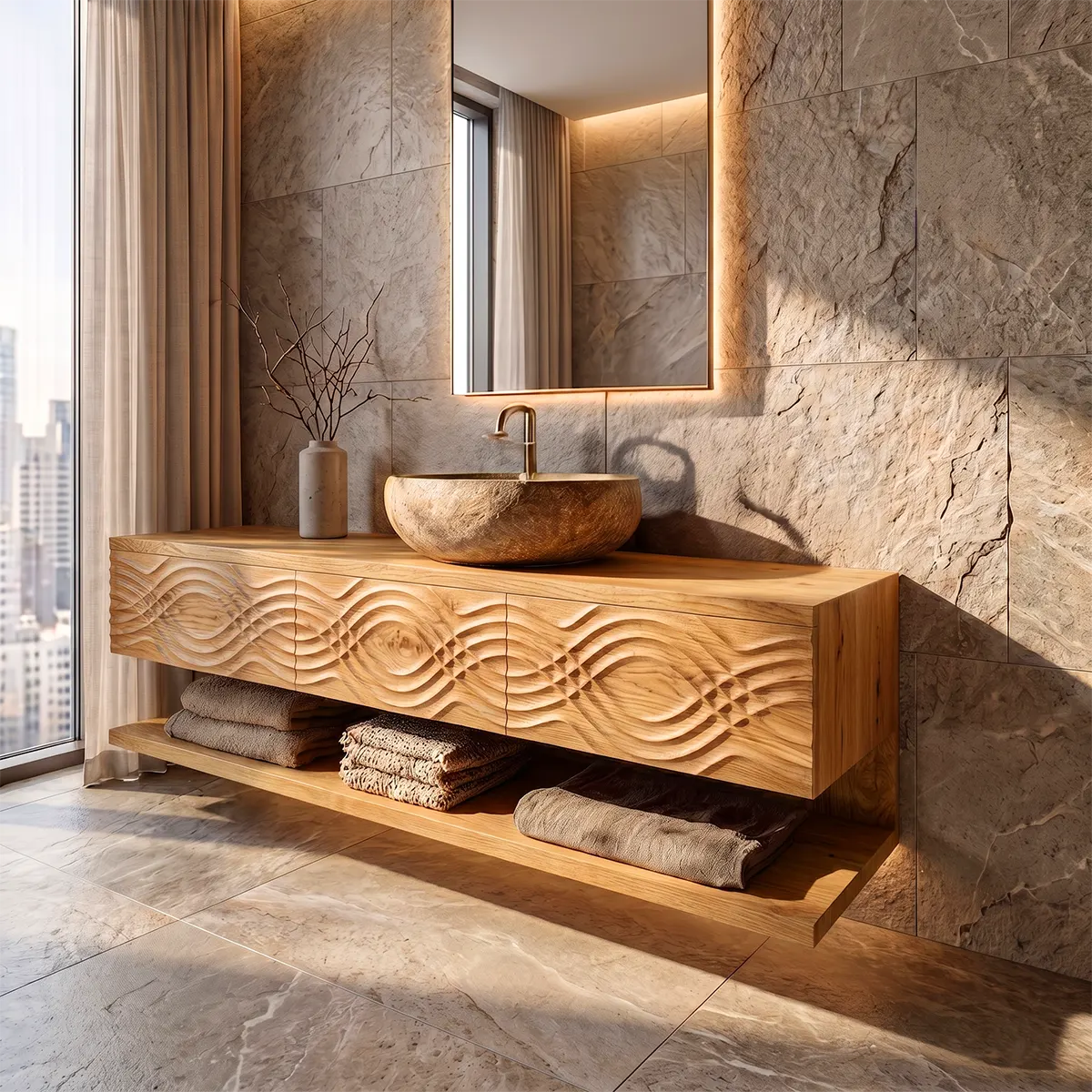 Floating Bathroom Vanity with 3 Drawers & Open Shelf | Carved Wave Front Modern Design