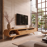 Modern Curved TV Stand with 3 Drawers & Open Storage Areas | Sculptural Media Console