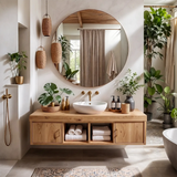 Floating Solid Wood Bathroom Vanity | Modern Bathroom Vanity with Side Cabinets and Open Shelves TT006-6ICG7SP
