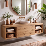 Floating Solid Wood Bathroom Vanity | Wall Mounted Single Sink Vanity with Double-Door Cabinet & Open Shelves TT006-9KLL6LF