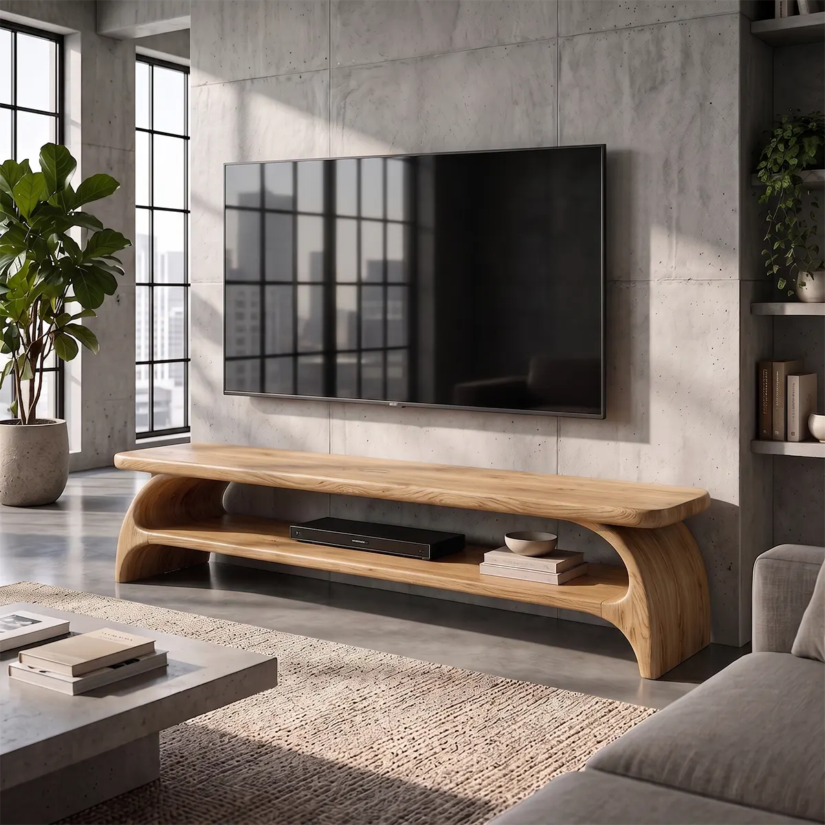 Organic Modern TV Stand with Sculptural Open Shelf & Curved Waterfall Design TT006-2BHV8AL