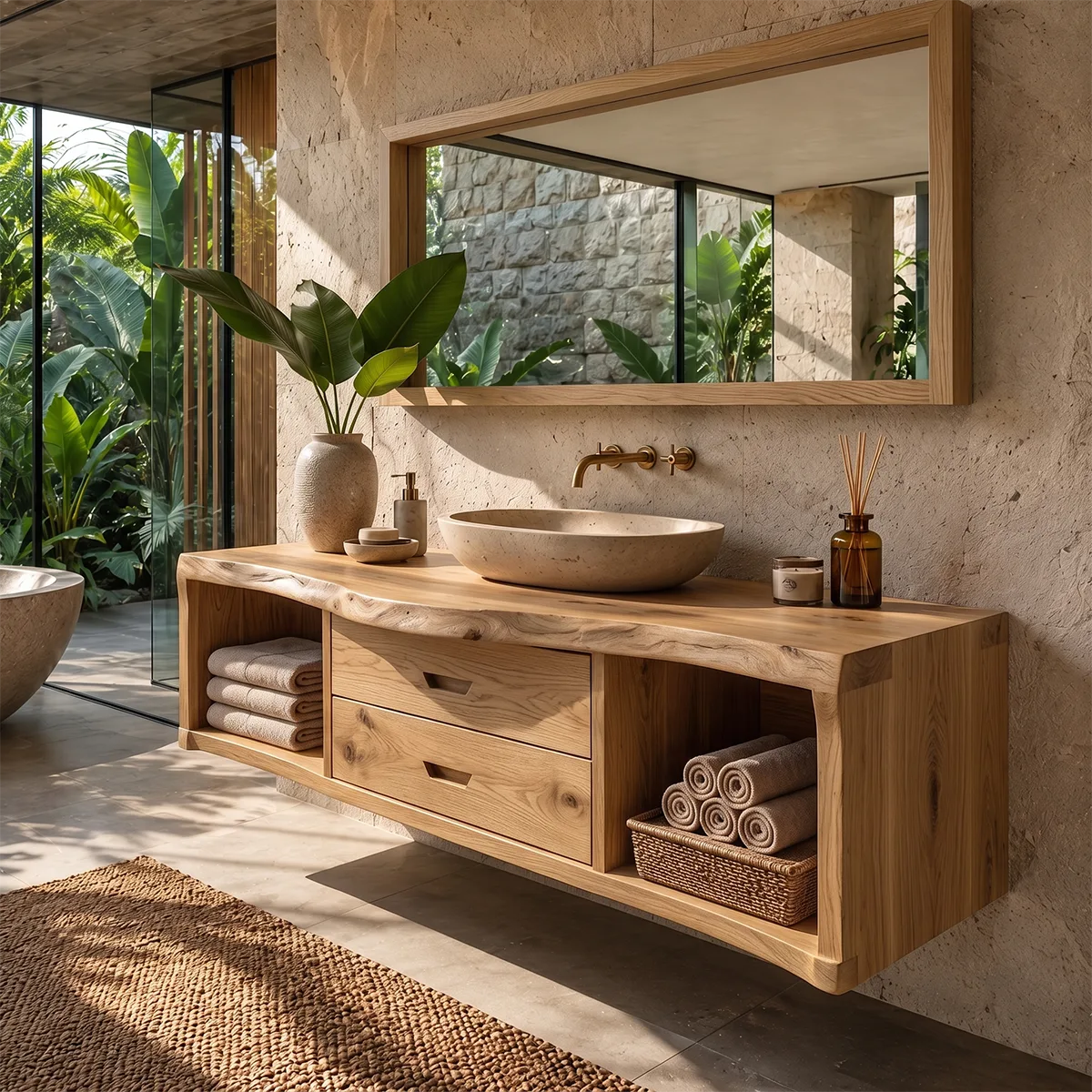 Floating Solid Wood Bathroom Vanity | Live Edge Bathroom Vanity with Double Drawers and Open Storage Shelves TT006-2IAU5HX