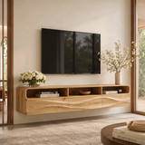 Floating TV Stand with Open Shelving & Three Drawers | Organic Modern TV Console TT006-5STK9KO