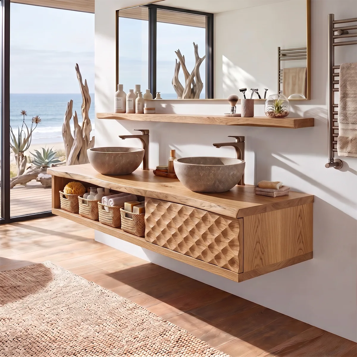 Floating Double Sink Solid Wood Bathroom Vanity | Modern Wood Vanity with Open Shelf & Carved Hinged Cabinet TT006-1ERI1VM