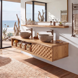 Floating Double Sink Solid Wood Bathroom Vanity | Modern Wood Vanity with Open Shelf & Carved Hinged Cabinet TT006-1ERI1VM