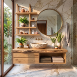 Floating Solid Wood Bathroom Vanity with Drawers & Open Shelf | Wall Mounted Bathroom Vanity with Live Edge Countertop TT006-5OAT6SE