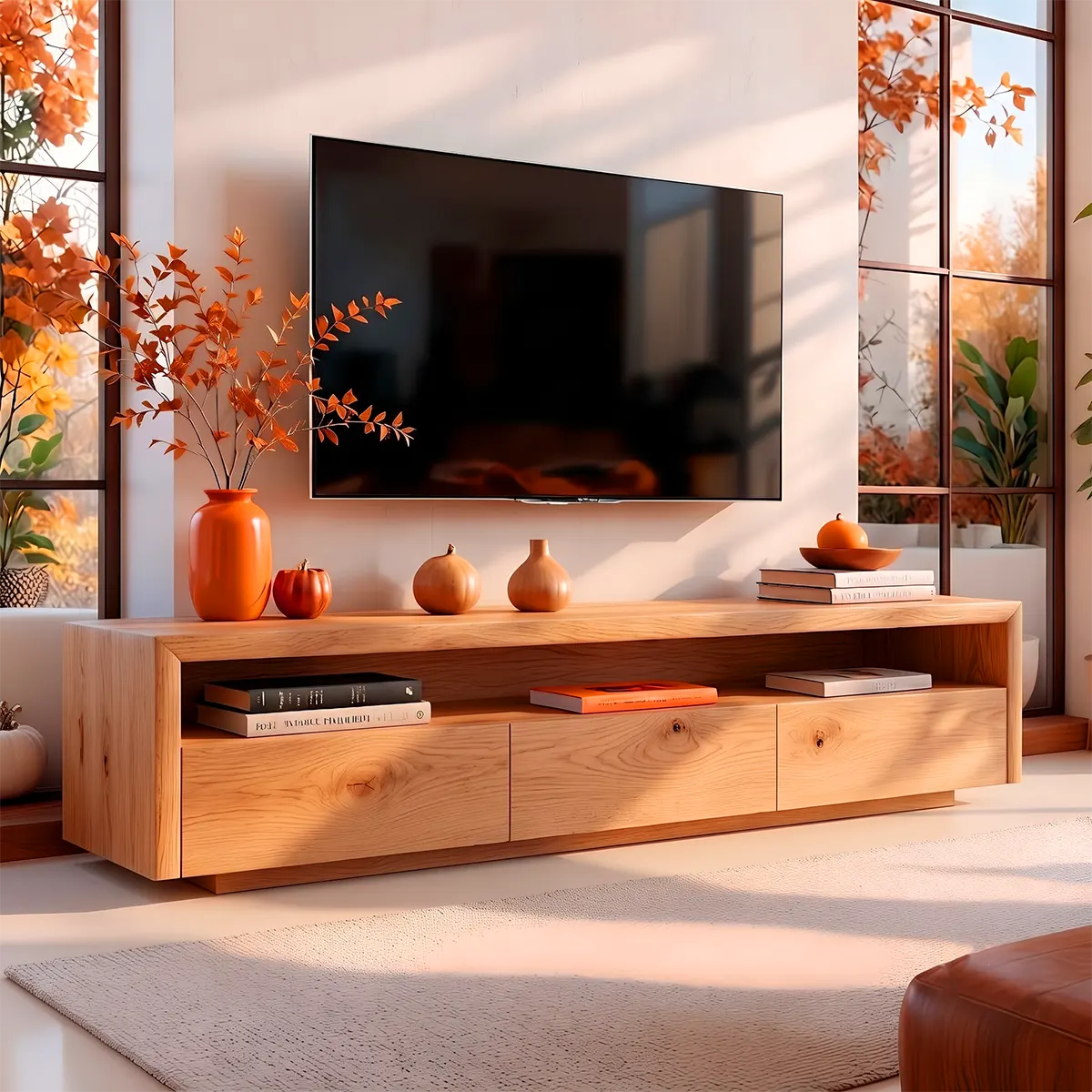 Modern TV Stand with 3 Enclosed Storage Compartments & Long Open Media Shelf