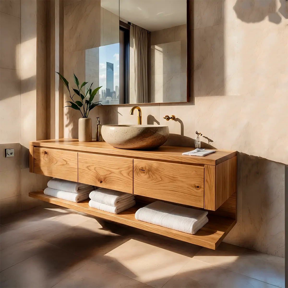 Floating Bathroom Vanity with 3 Drawers & Full-Length Open Shelf | Modern Minimalist Wall Mounted Design