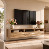 Floating TV Stand with Open Shelving & Three Drawers | Organic Modern Media Console TT006-5IOW6DK