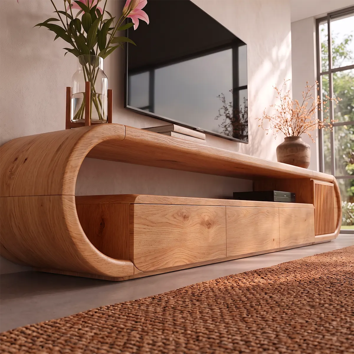 Modern TV Stand with 3 Drawers, Open Shelf & Fluted Cabinet | Curved Media Console
