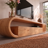 Modern TV Stand with 3 Drawers, Open Shelf & Fluted Cabinet | Curved Media Console